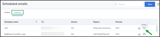 Activate a scheduled email report by clicking the Active icon in the Scheduled Emails list